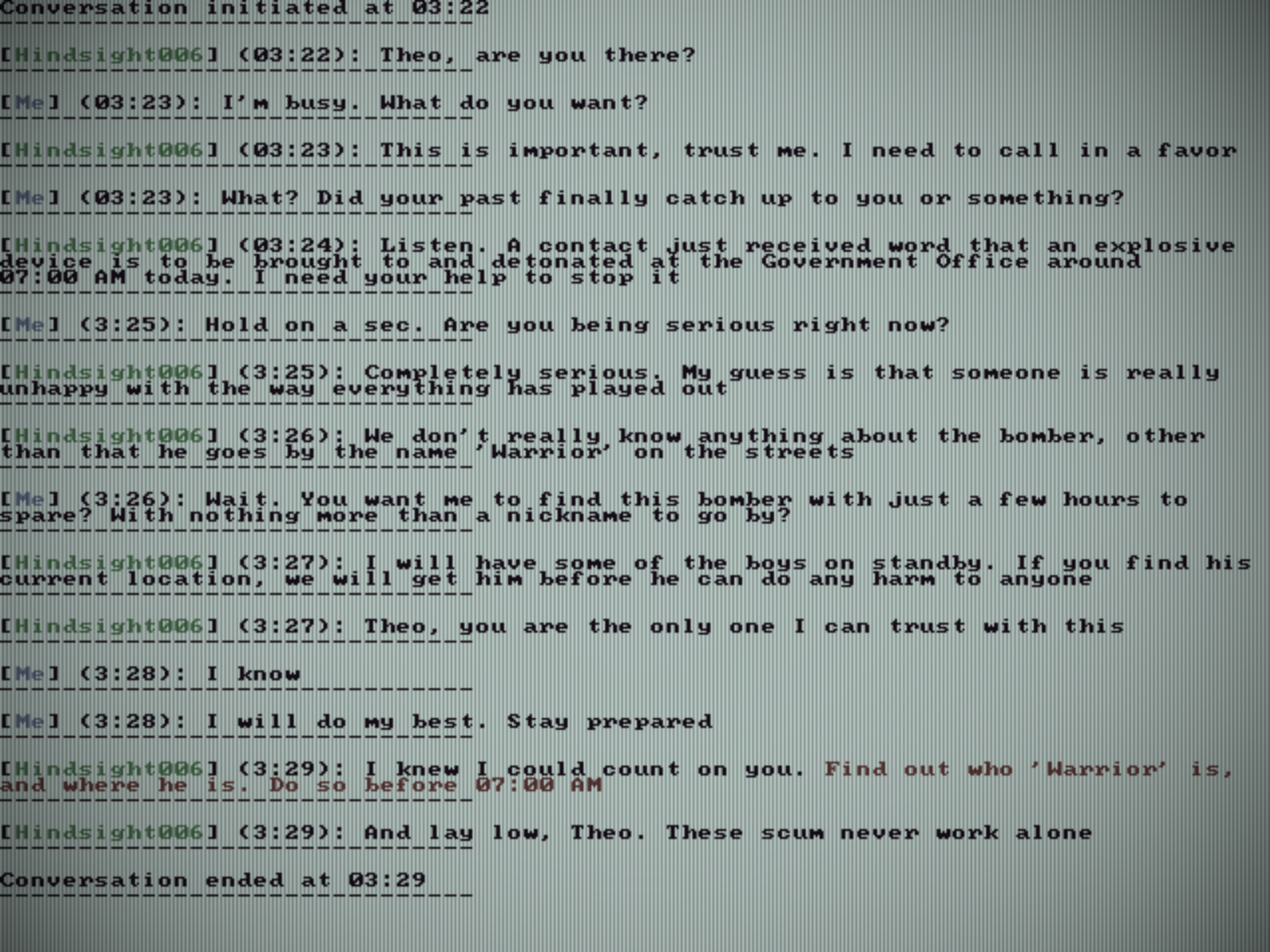 Early version of the chat program in BRUTEFORCE by Totteri Studios